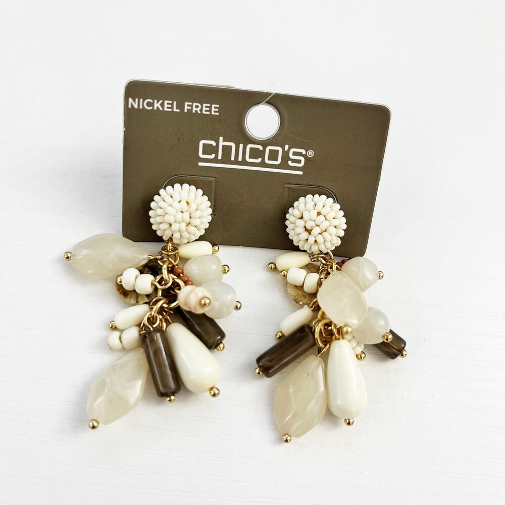 NEW Chico's Beige and Brown Beaded Cluster Drop Earrings